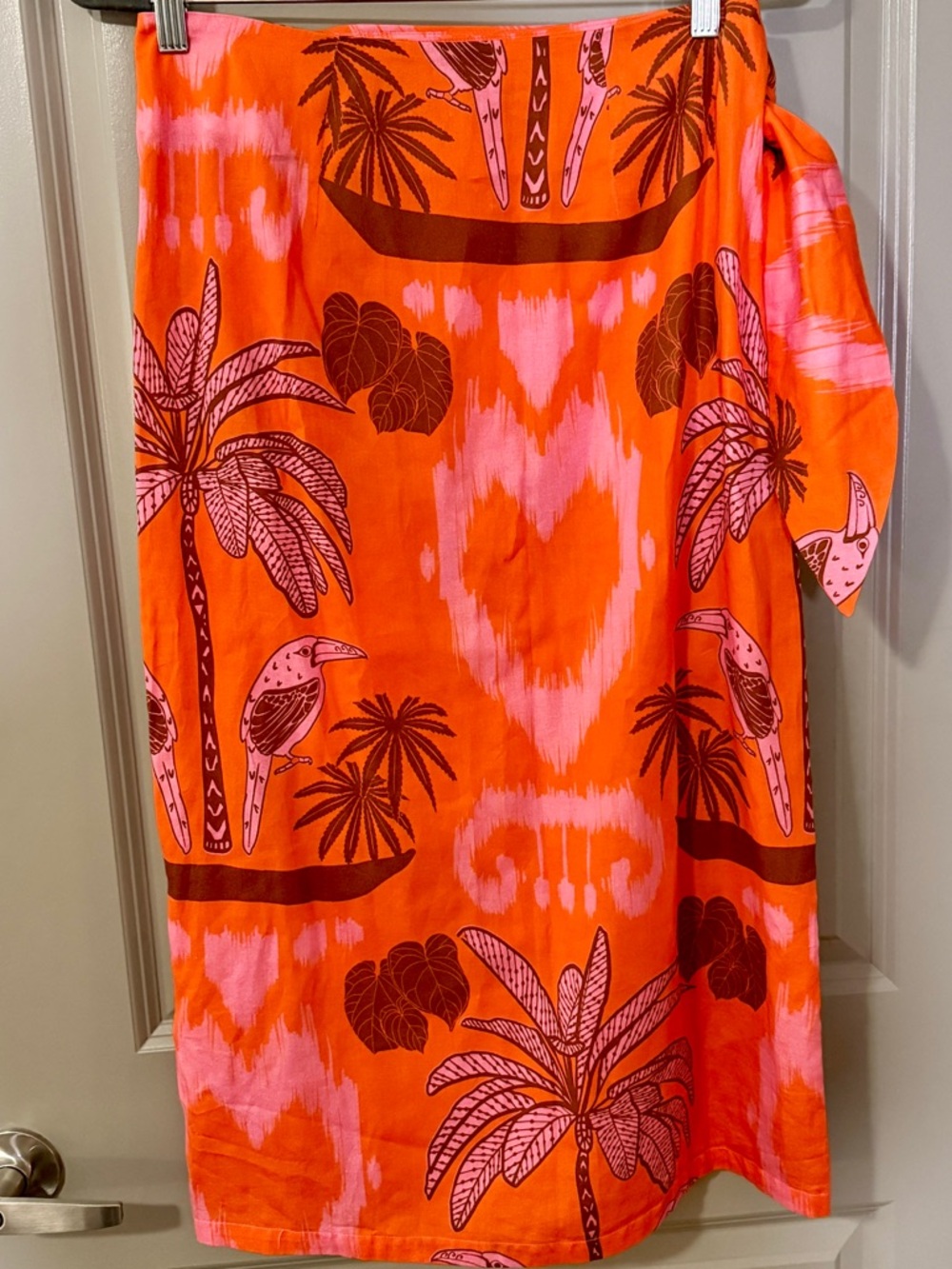 Culthera Grenadine Pareo Wrap Skirt Orange Pink Palm Toucan Ikat Print Cotton L - Picture 6 of 9
